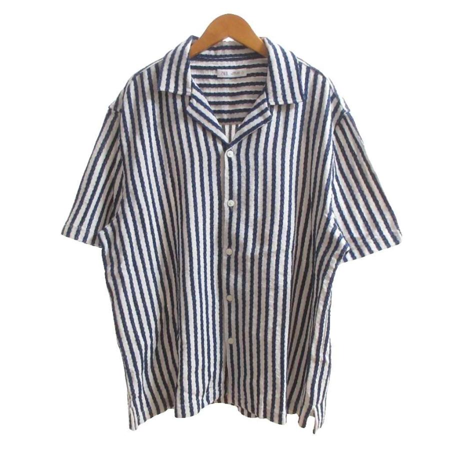 ZARA（ザラ） 美品 シャツ L 紺 ネイビー ストライプ柄 半袖 オープン