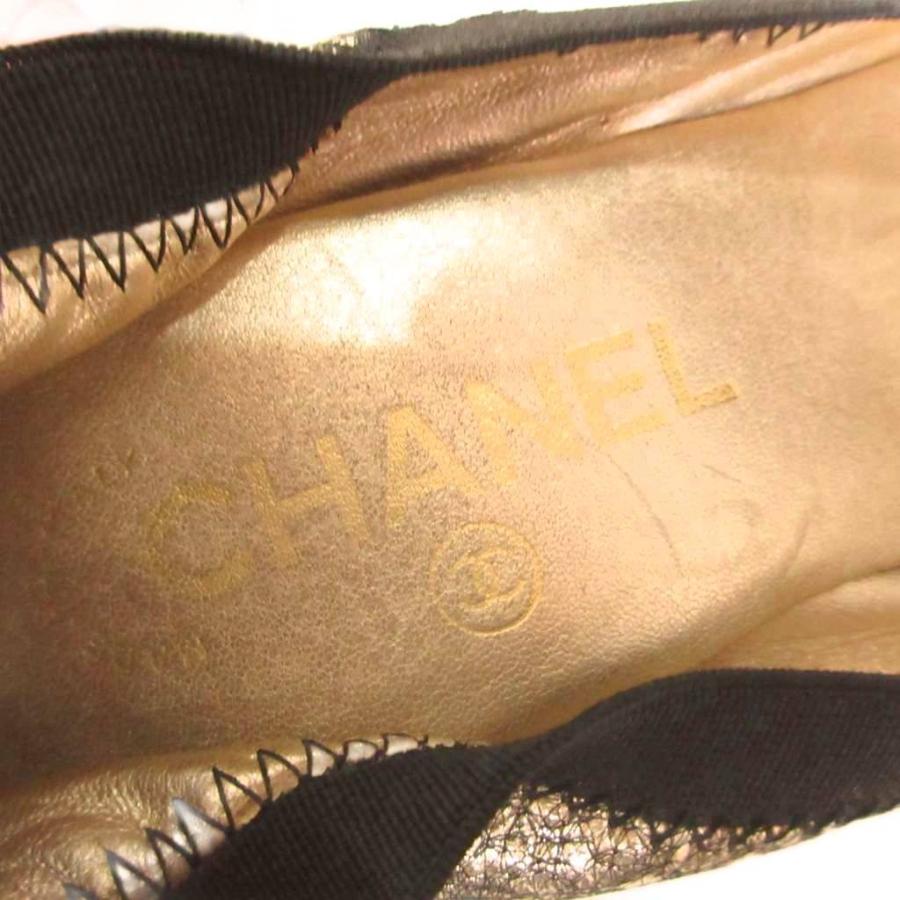 シャネル CHANEL バレエ パンプス ココマーク チャンキーヒール 37.5C 黒 ブラック シルバ―カラー IBO94 レディース_7