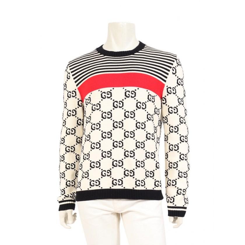 中古 グッチ Gucci ニット セーター Gg柄 ストライプ アイボリー ネイビー 赤 L トップス 長袖 コットン 18aw メンズ ベクトル 古着 Supersport Tn