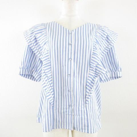 中古 イッツデモ Its Demo シャツ ブラウス ストライプ 五分袖 青 白 38 A597 レディース ベクトル 古着 お買得