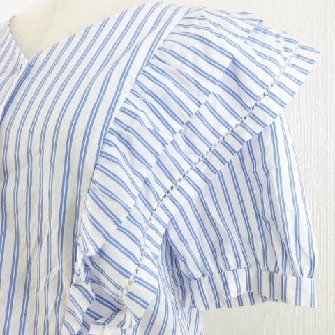 中古 イッツデモ Its Demo シャツ ブラウス ストライプ 五分袖 青 白 38 A597 レディース ベクトル 古着 お買得