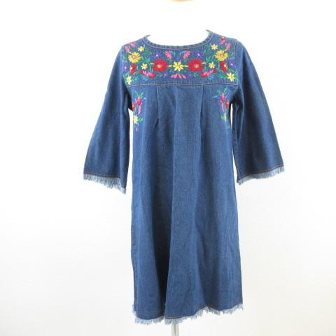 ハンブル バイ パラビオン Hamble By Par Avion 膝丈ワンピース Aライン 七分袖 デニム 刺繍 フリンジ 青 紺 One E187 レディース 117 ブランド古着販売のベクトル 通販 Yahoo ショッピング
