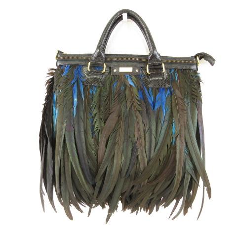 【中古】エンジェルジャクソン ANGEL JACKSON  トートバッグ フェザー 黒 青 *T463 レディース エンジェルジャクソン ANGEL JACKSON トートバッグ フェザー 黒 青