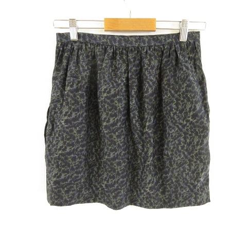 ドゥロワー Drawer スカート ミニ ギャザー 総柄 シルク100% 黒 36 