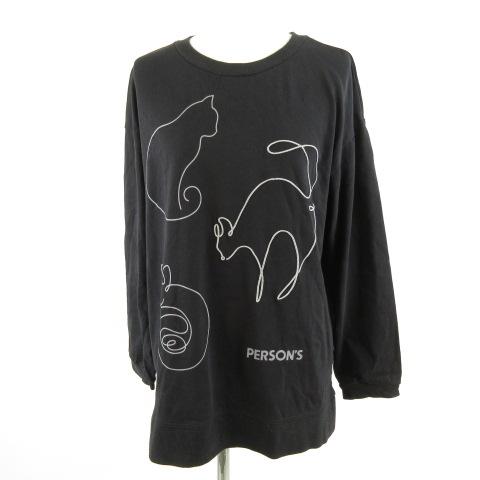 パーソンズ PERSON'S カットソー ビッグシルエット 長袖 猫刺繍 黒 M