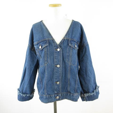 レトロガール RETRO GIRL デニムジャケット 長袖 ノーカラー 紺 M 
