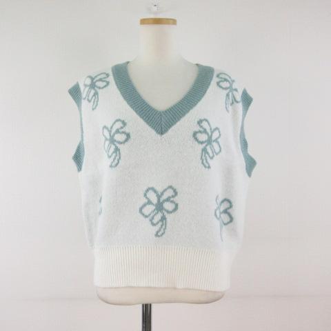 miss sumey ニットベスト Vネック オフホワイト 緑 *T48