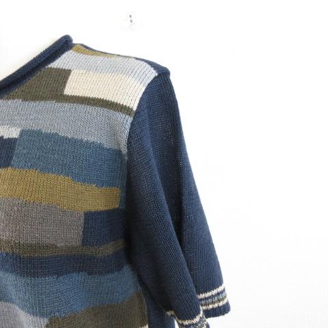 ハレルヤ サマーニット リネン混 半袖 総柄 紺 茶 *A814 ハレルヤ サマーニット リネン混 半袖 総柄 紺 茶 *A814 レディース