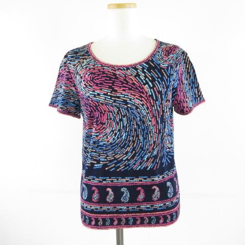 【中古】レオナール LEONARD カットソーTシャツ 半袖 総柄 紺 40 *T479 レディース LEONARD（レオナール） カットソーTシャツ 半袖 総柄 紺 40 *T479