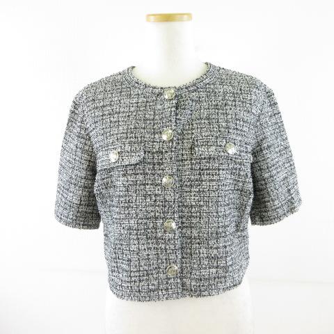H&M エイチ&エム ツイードジャケット 半袖 ノーカラー 黒 白 S