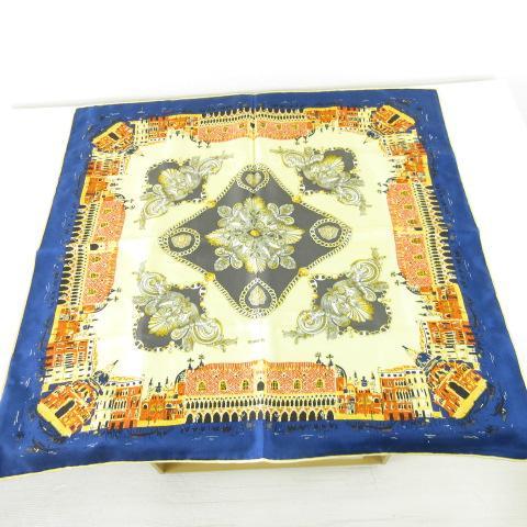 【中古】マニプリ manipuri シルクスカーフ 総柄 青 ベージュ *A708 レディース マニプリ manipuri シルクスカーフ 総柄 青 ベージュ *A708 レディース