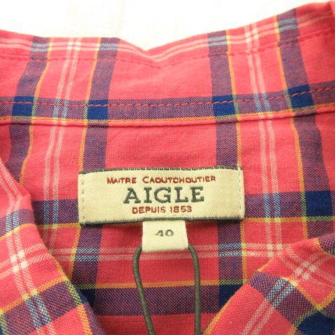 エーグル AIGLE チェックシャツ 長袖 ピンク 青 40 *A215 未使用品 エーグル AIGLE チェックシャツ 長袖 ピンク 青 40 *A215