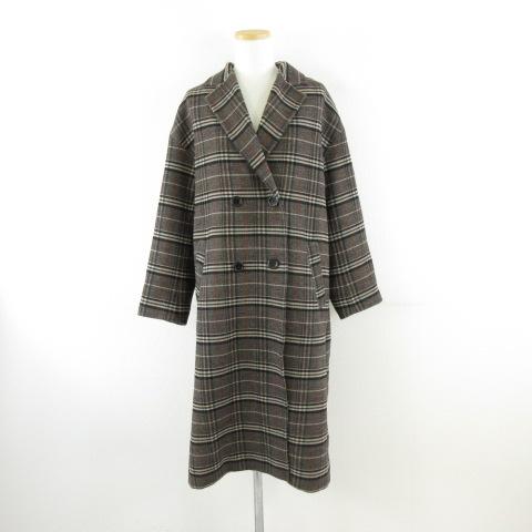 【中古】レイビームス Ray Beams ダブルチェスターコート チェック 長袖 ロング 茶 黒 *A272 レディース レイビームス Ray Beams ダブルチェスターコート チェック 長袖 ロング