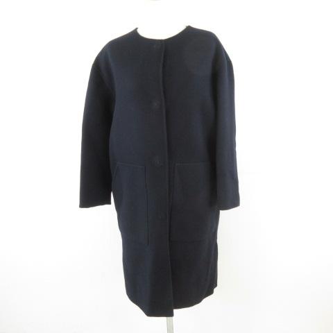 マガジン掲載品 23区 エコファーノーカラー ハーフコート オンワード堅山 オンワード樫山 ノーカラーコート ロング 長袖 紺 2 *T169 レディース