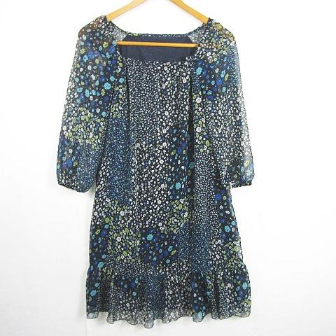 ANAYI アナイ　総柄シフォンワンピース 38 M 美品 アナイ ANAYI シフォン ワンピース 長袖 膝丈 36 ブラック ネイビー 花