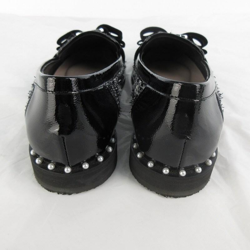 【美品】DIANAダイアナ 黒 革靴パテントローファーパールリボンスタッズ 美品】DIANAダイアナ 黒 革靴パテントローファーパールリボンスタッズ