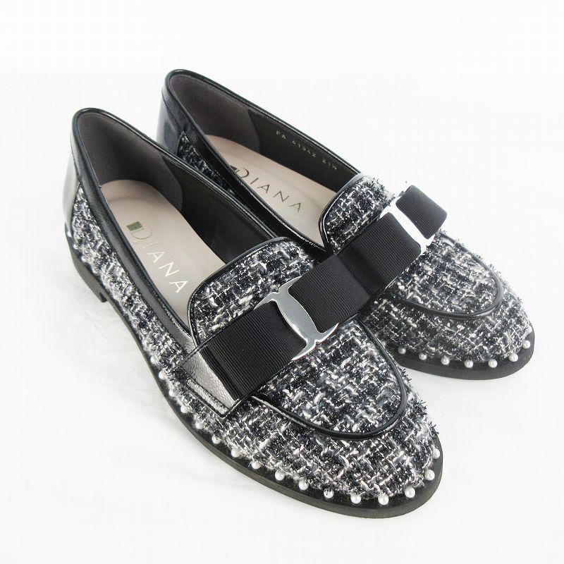 DIANA ダイアナ　ブラック フラットシューズ パール装飾　新品・未使用 DIANA（ダイアナ） 現行 ローファー リボン フェイクパール ツイード