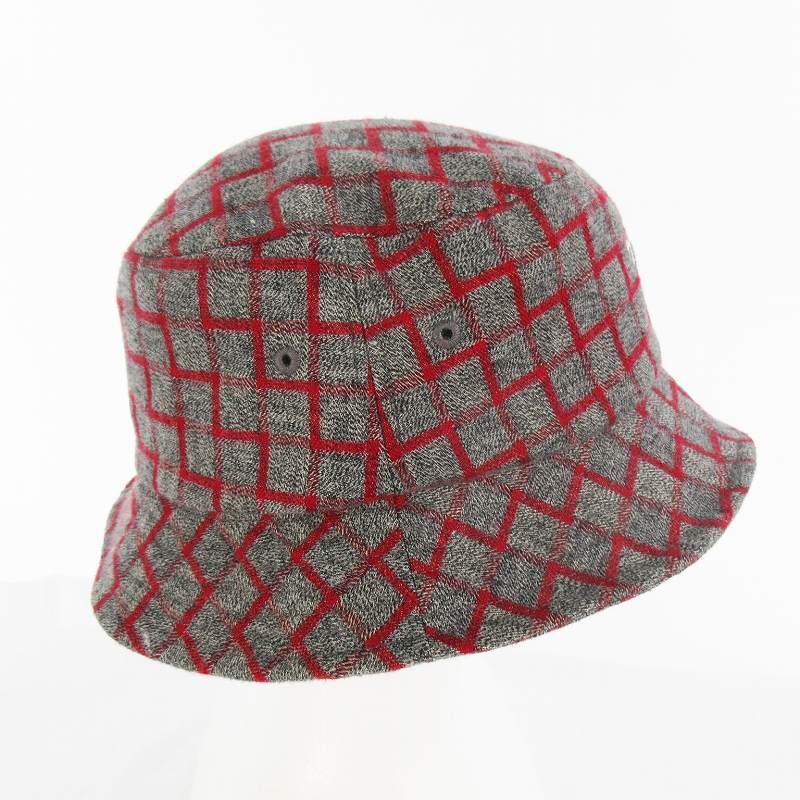 【新品未使用】STUSSY 総柄バケットハット　グレー×レッド　L/XL STUSSY（ステューシー） バケット ハット 幾何学模様 チェック ロゴ
