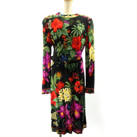 限定製作 中古 レオナール Leonard Paris 最高級 シルクワンピース ひざ丈 長袖 ハイビスカス 花柄 3 黒 ブラック マルチカラー Ibo7 レディース ベクトル 古着 即日出荷 Cataractresearch Org