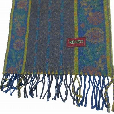 ケンゾー KENZO 美品 フラワー マフラー フリンジ 花柄 ウール ブルー
