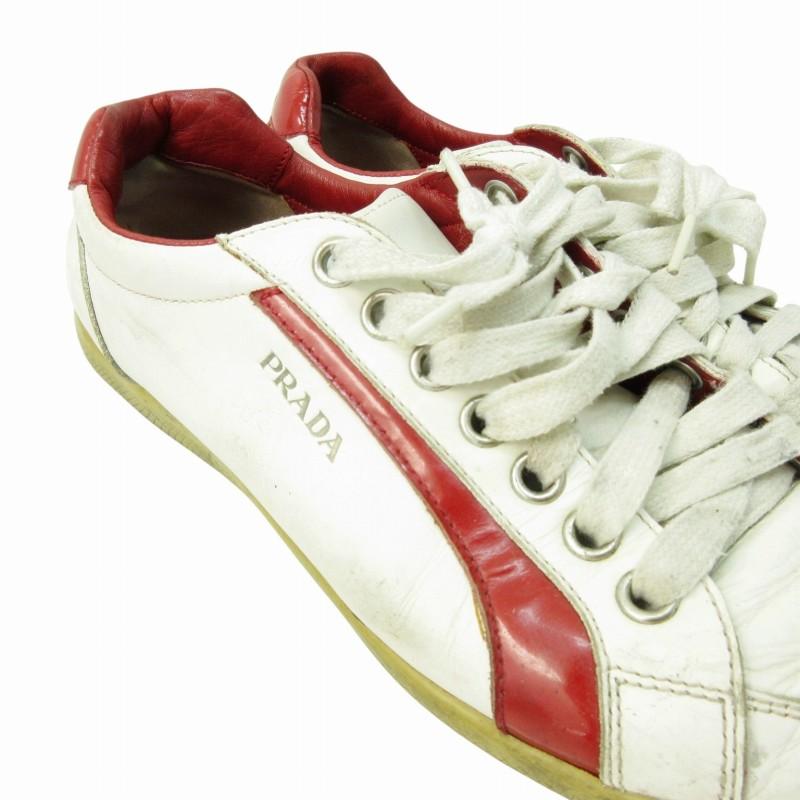 maco PRADA レザースニーカーホワイト/レッド 　正規美品 すぐ届く！PRADA(プラダ)レザースニーカー ギフトにもオススメ (PRADA