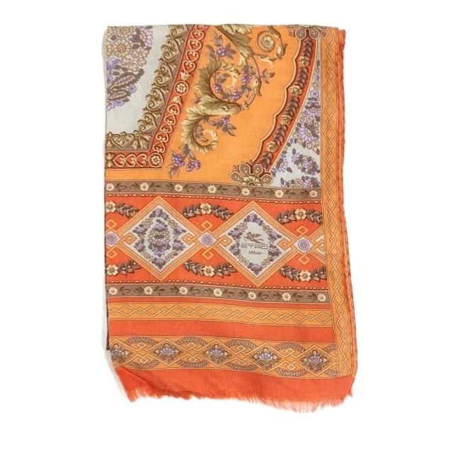 ETRO（エトロ） 総柄 スカーフ ストール フリンジ オレンジ □WY
