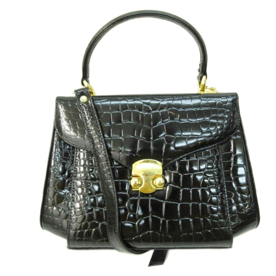 シャイニー クロコダイル型押し 2WAY ショルダーバッグ 黒 ブラック