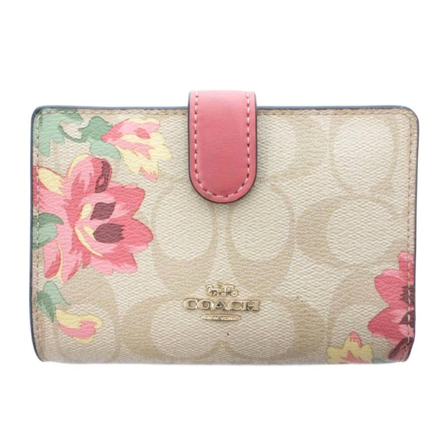 COACH（コーチ） 二つ折り財布 女性用 ベージュ ピンク シグネチャー柄