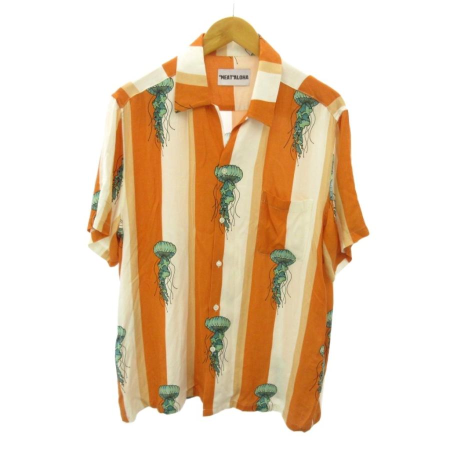 ニートアロハ アロハシャツ くらげ ストライプ 総柄 半袖 M オレンジ 白 ニートアロハ NEAT ALOHA アロハシャツ くらげ ストライプ 総柄 半袖 M