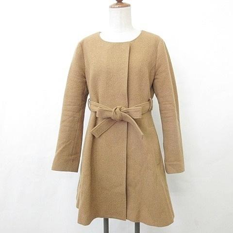 中古 バナーバレット Banner Barrett コート ノーカラー 丸首 Aライン フレアー リボン ウール 茶 ブラウン キャメル 38 レディース 安い