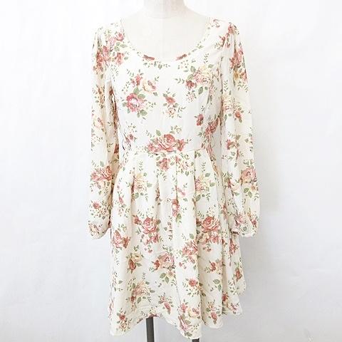 オリーブデオリーブ Olive Des Olive ワンピース チュニック 長袖 丸首 ひざ丈 フレア タック 花柄 ベージュ ピンク 緑 135 ブランド古着販売のベクトル 通販 Yahoo ショッピング