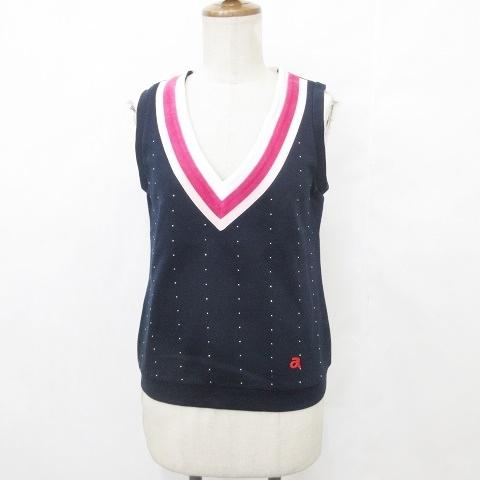 アルチビオ archivio ゴルフ ベスト プルオーバー Vネック ビジュー ストレッチ 紺 ピンク 白 ネイビー ホワイト 36 レディース | 