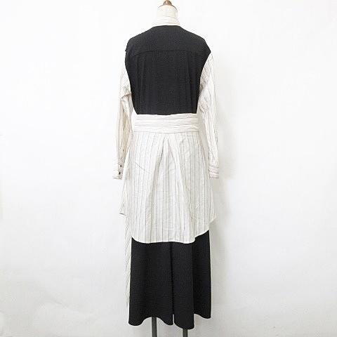 【中古】アドーア ワンピース シャツワンピ ロング 長袖 異素材切替 前開き 腰巻ベルト ベージュ 黒 38 レディース アドーア ワンピース シャツワンピ ロング 長袖 異素材切替 ストライプ