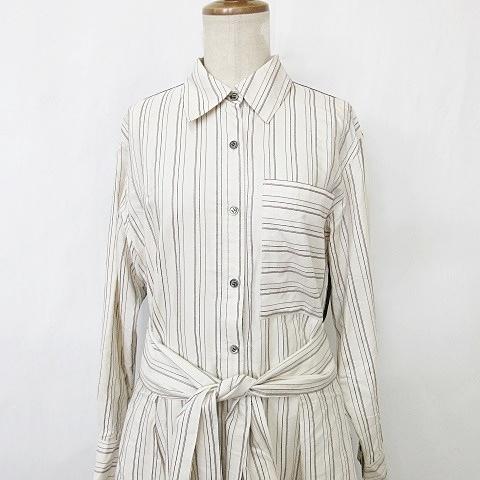 【中古】アドーア ワンピース シャツワンピ ロング 長袖 異素材切替 前開き 腰巻ベルト ベージュ 黒 38 レディース アドーア ワンピース シャツワンピ ロング 長袖 異素材切替 ストライプ