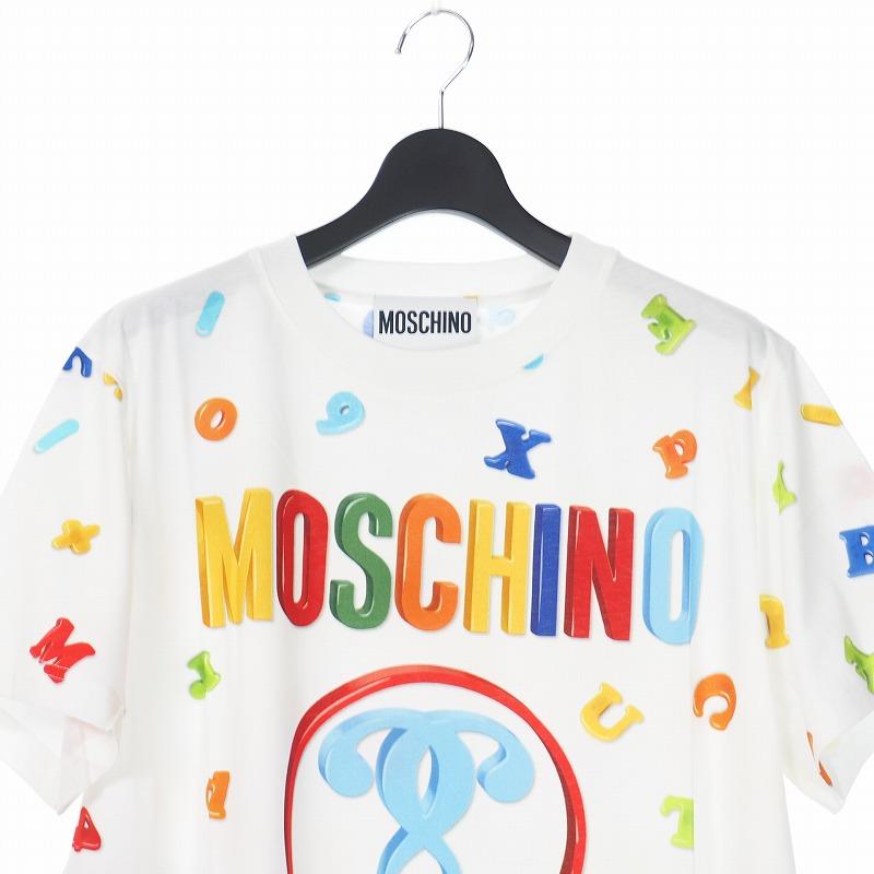 公式サイ モスキーノ MOSCHINO 20SS ダブルクエスチョン プリント ワンピース Tシャツ カットソー 総柄 38 ホワイト 白 A0445 レディース