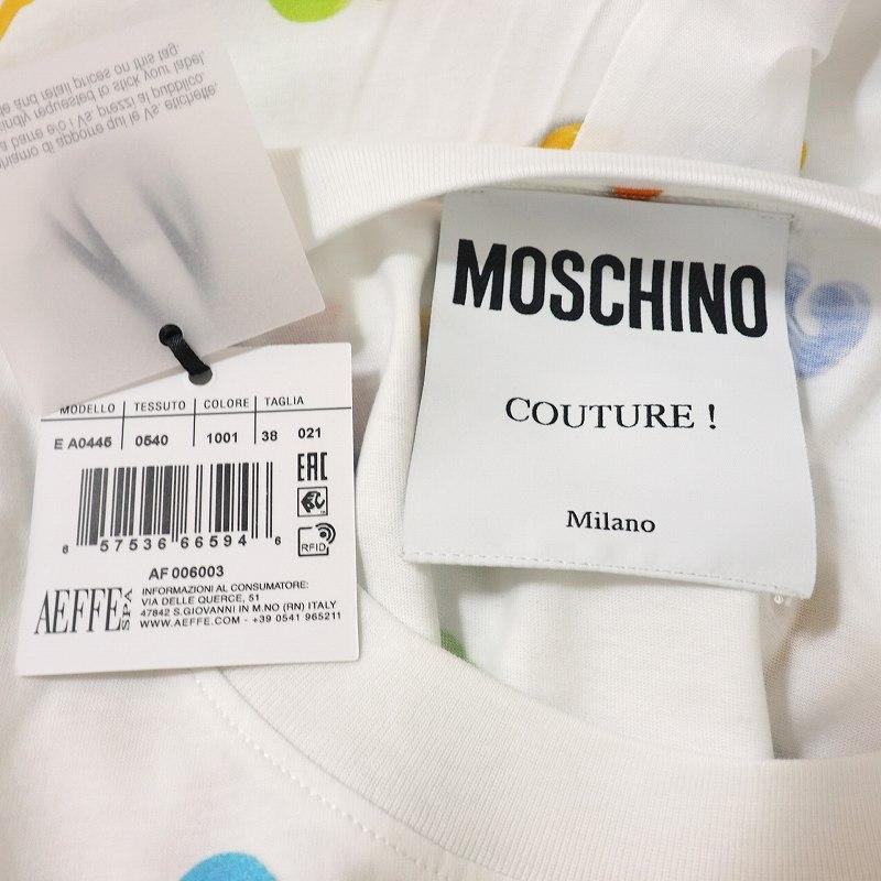公式サイ モスキーノ MOSCHINO 20SS ダブルクエスチョン プリント ワンピース Tシャツ カットソー 総柄 38 ホワイト 白 A0445 レディース