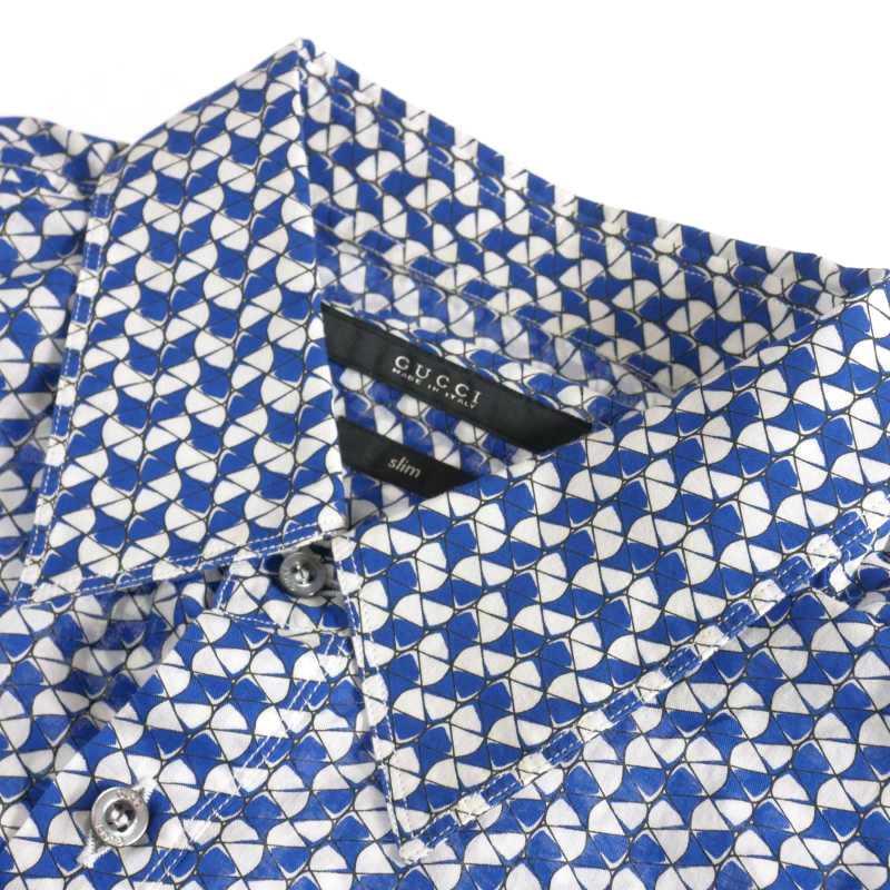 GUCCI グッチ slim 総柄シャツ 長袖 40 ブルー/ホワイト 青 白
