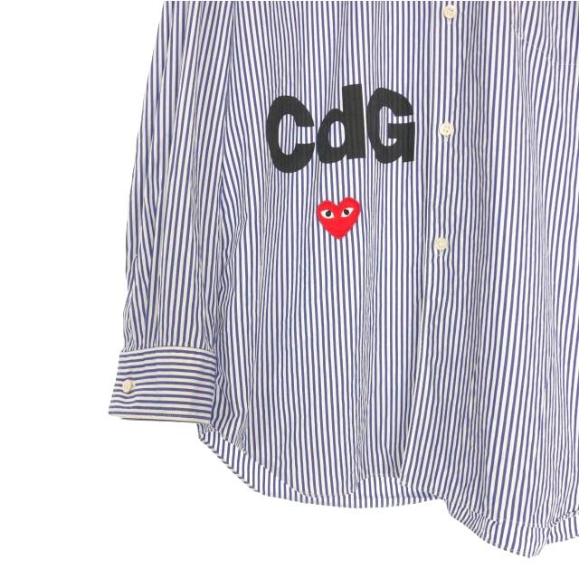 【未使用】ギャルソンプレイ　ハートワッペン 青白ストライプ 長袖シャツ L プレイコムデギャルソン PLAY COMME des GARCONS ハートワッペン
