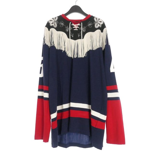 【中古】未使用品 ディースクエアード DSQUARED2 23AW ウエスタン ホッケーシャツ フリンジ カットソー L ネイビー DSQUARED2（ディースクエアード） 未使用品 DSQUARED2 23AW ウエスタン