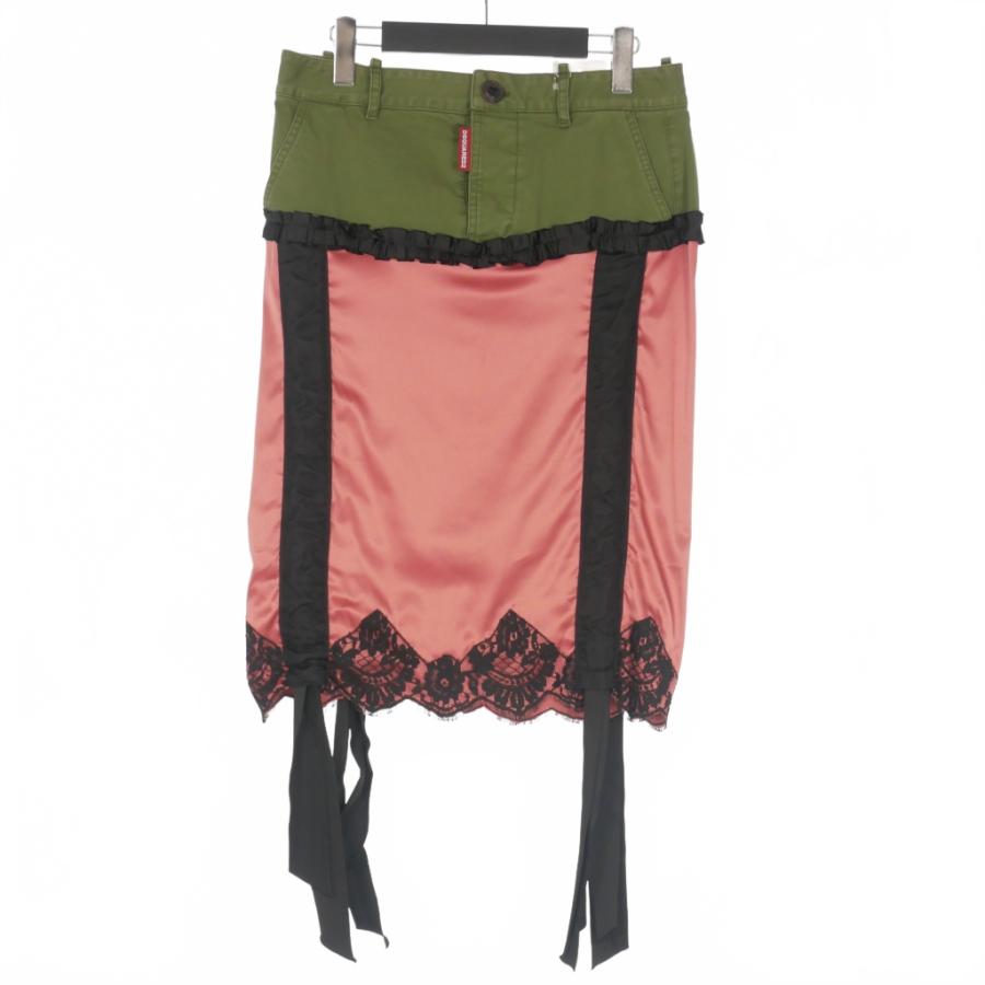 【中古】未使用品 ディースクエアード DSQUARED2 23AW Lingerie Mini リボン レース ドッキングスカート 40 カーキ/ピンク/ブラック DSQUARED2（ディースクエアード） 未使用品 DSQUARED2 23AW Lingerie