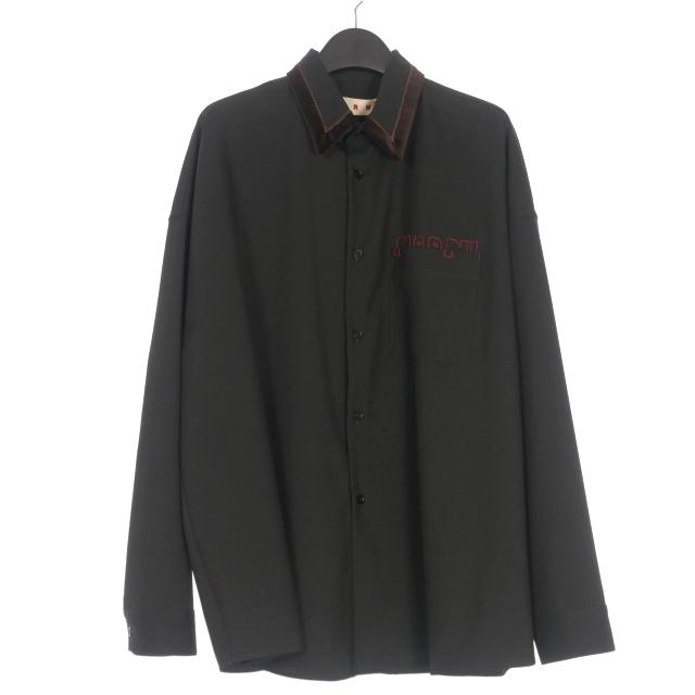 【中古】未使用品 マルニ MARNI 25AW ブラック ウールシャツ マルニメンディングロゴ 刺繍 ドレスシャツ 長袖 46 ブラック MARNI（マルニ） 未使用品 MARNI 25AW ブラック ウールシャツ マルニ