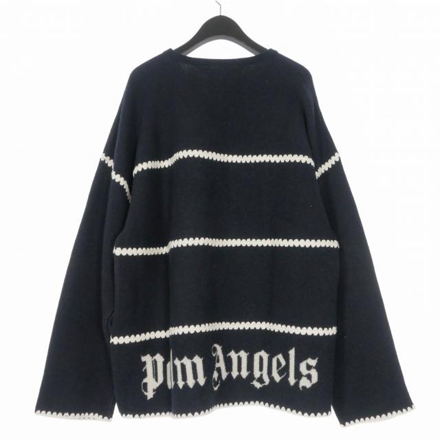 未使用品 パームエンジェルス PALM ANGELS 23AW Monogram Striped Sweater ロゴ刺繍 セーター ニット M ネイビー 紺 PMHE048E23KNI0014603_1