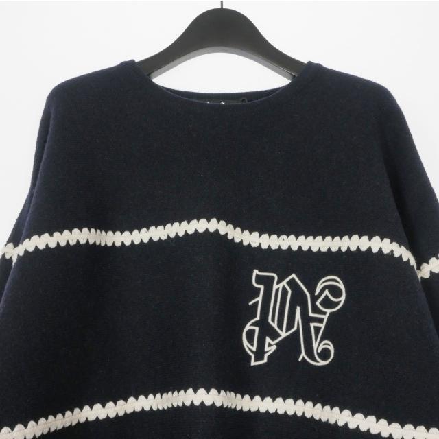 未使用品 パームエンジェルス PALM ANGELS 23AW Monogram Striped Sweater ロゴ刺繍 セーター ニット M ネイビー 紺 PMHE048E23KNI0014603_2