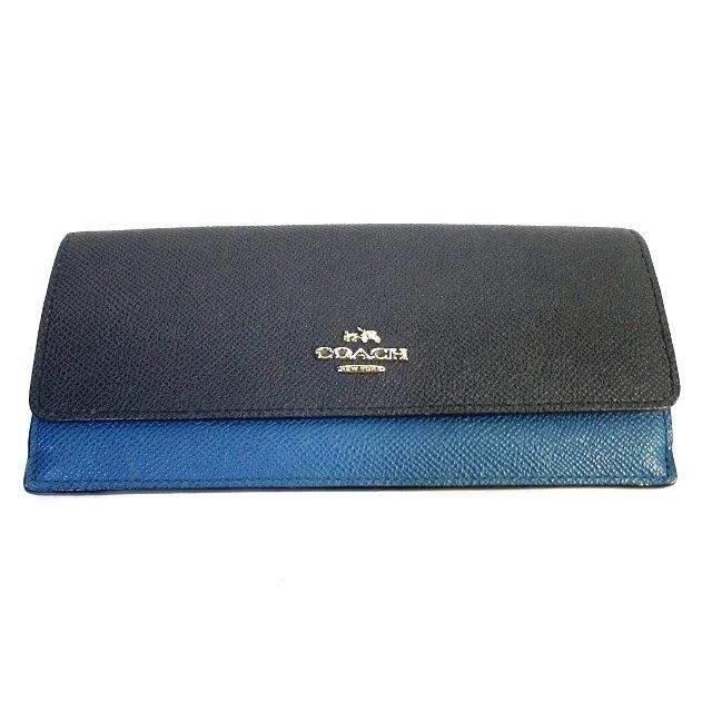 中古 コーチ COACH 2つ折り 長財布 G1592 バイカラー ネイビー ブルー