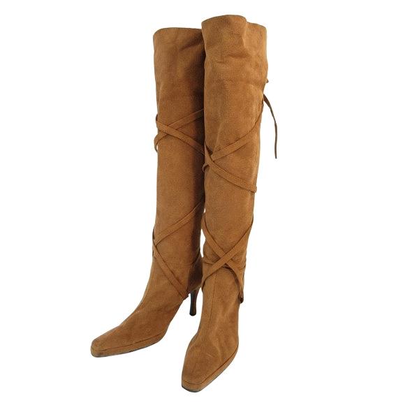 ノーブランド ロングブーツ ハイヒール ポインテッドトゥ 紐 無地