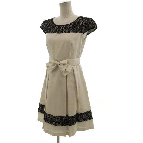 エニィスィス エニシス Anysis ワンピース ひざ丈 半袖 フレア タック リボンベルト デコルテレース 切替え ベージュ 黒 2 レディース 155 ブランド古着販売のベクトル 通販 Yahoo ショッピング