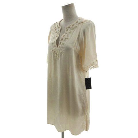 【中古】未使用品 エリータハリ ELIE TAHARI チュニック スリットネック レース切替え 五分袖 シルク ベージュ系 S 未使用品 エリータハリ ELIE TAHARI チュニック スリットネック レース