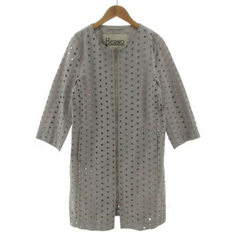 【中古】ヘルノ HERNO カットアウト刺繍 ノーカラー デザイン ジップコート CA0084D-206PZP-9405 伊製 グレー 44 ヘルノ HERNO カットアウト刺繍 ノーカラー デザイン ジップコート