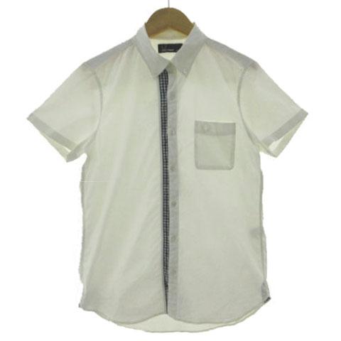 【中古】フレッドペリー FRED PERRY ギンガム トリム ボタンダウン シャツ F4384 胸ポケ ロゴ刺繍 半袖 オフ白 青 XS FRED PERRY（フレッドペリー） ギンガム トリム ボタンダウン シャツ