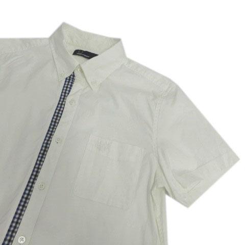 【中古】フレッドペリー FRED PERRY ギンガム トリム ボタンダウン シャツ F4384 胸ポケ ロゴ刺繍 半袖 オフ白 青 XS FRED PERRY（フレッドペリー） ギンガム トリム ボタンダウン シャツ